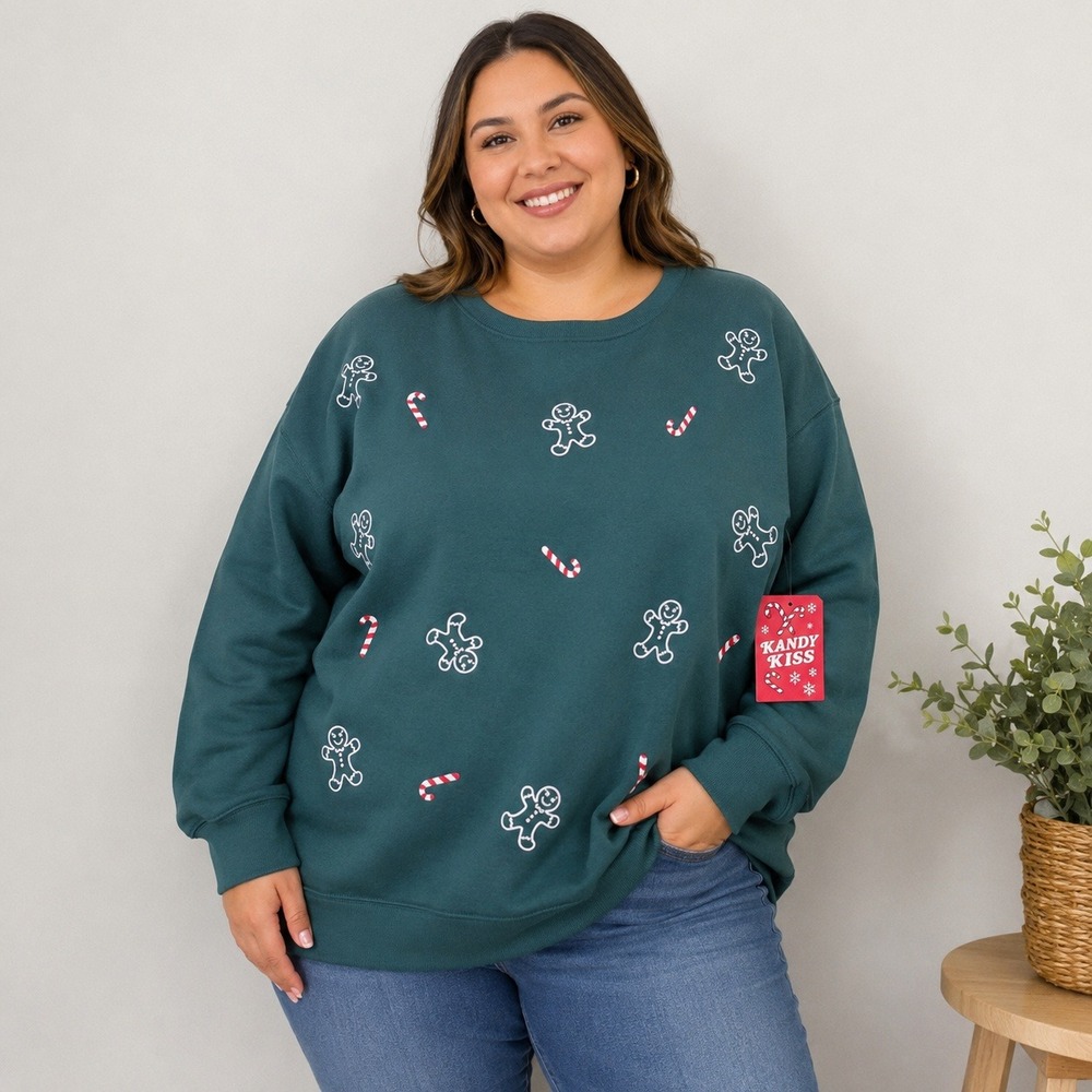 Kandy Kiss Holiday Sweatshirt Green Gingerbread Candy Cane NWT Women's Size 2X‎